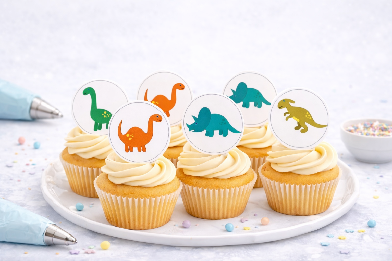 Muffinaufleger Dinos  – Ø 4,5 cm | essbare Cupcake-Deko für Dino-Kindergeburtstag