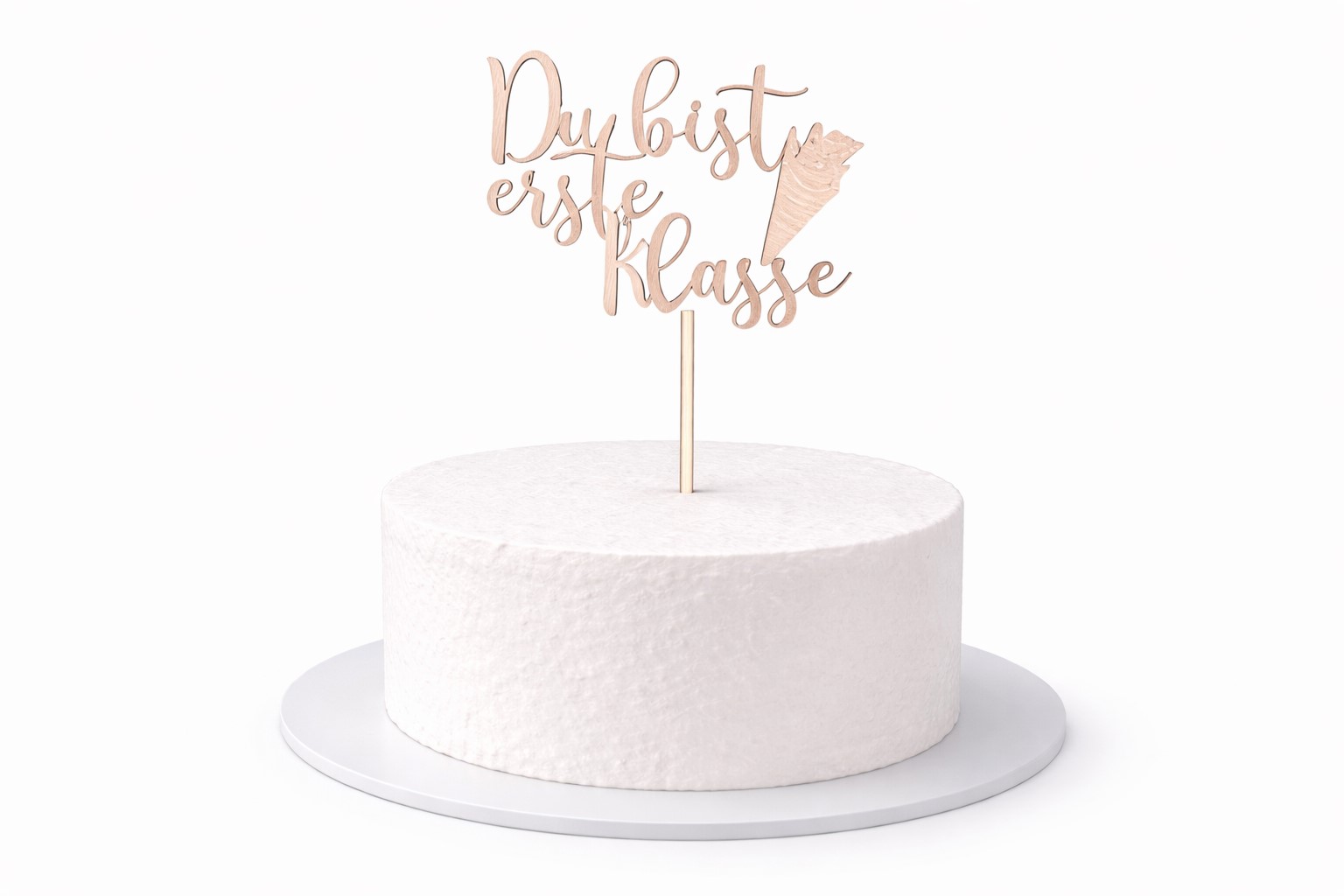 Caketopper aus Holz mit Schriftzug Du bist erste Klasse als Tortendeko zur Einschulung