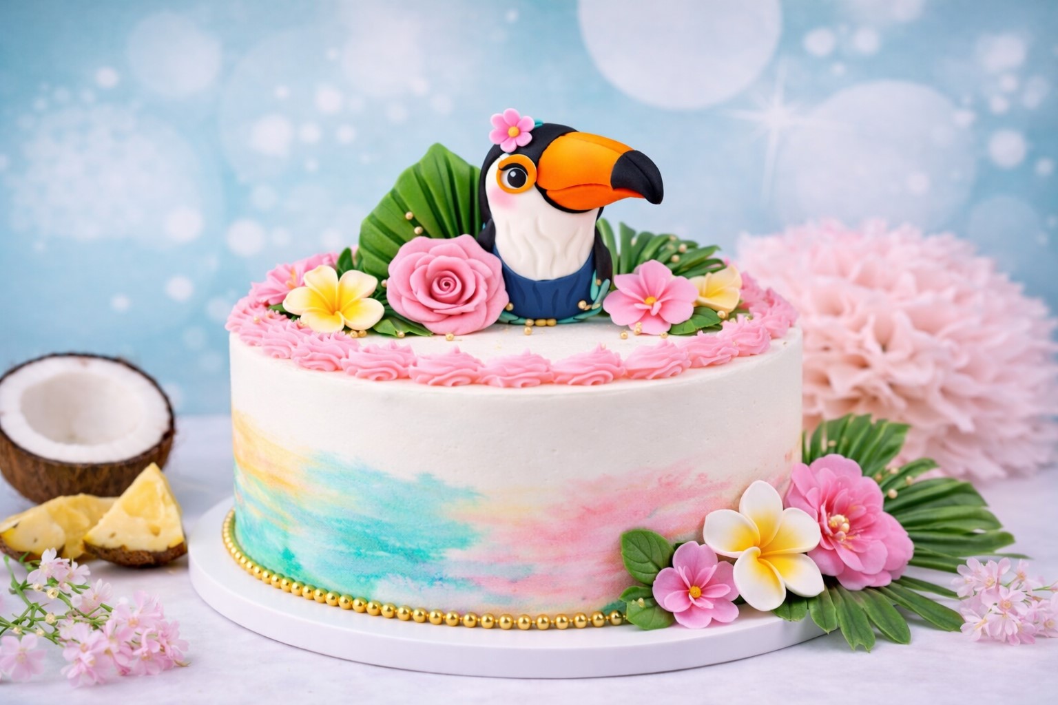 Cake Topper Tukan mit Blatt und Rose – tropische Tortendeko & exotisches Motiv