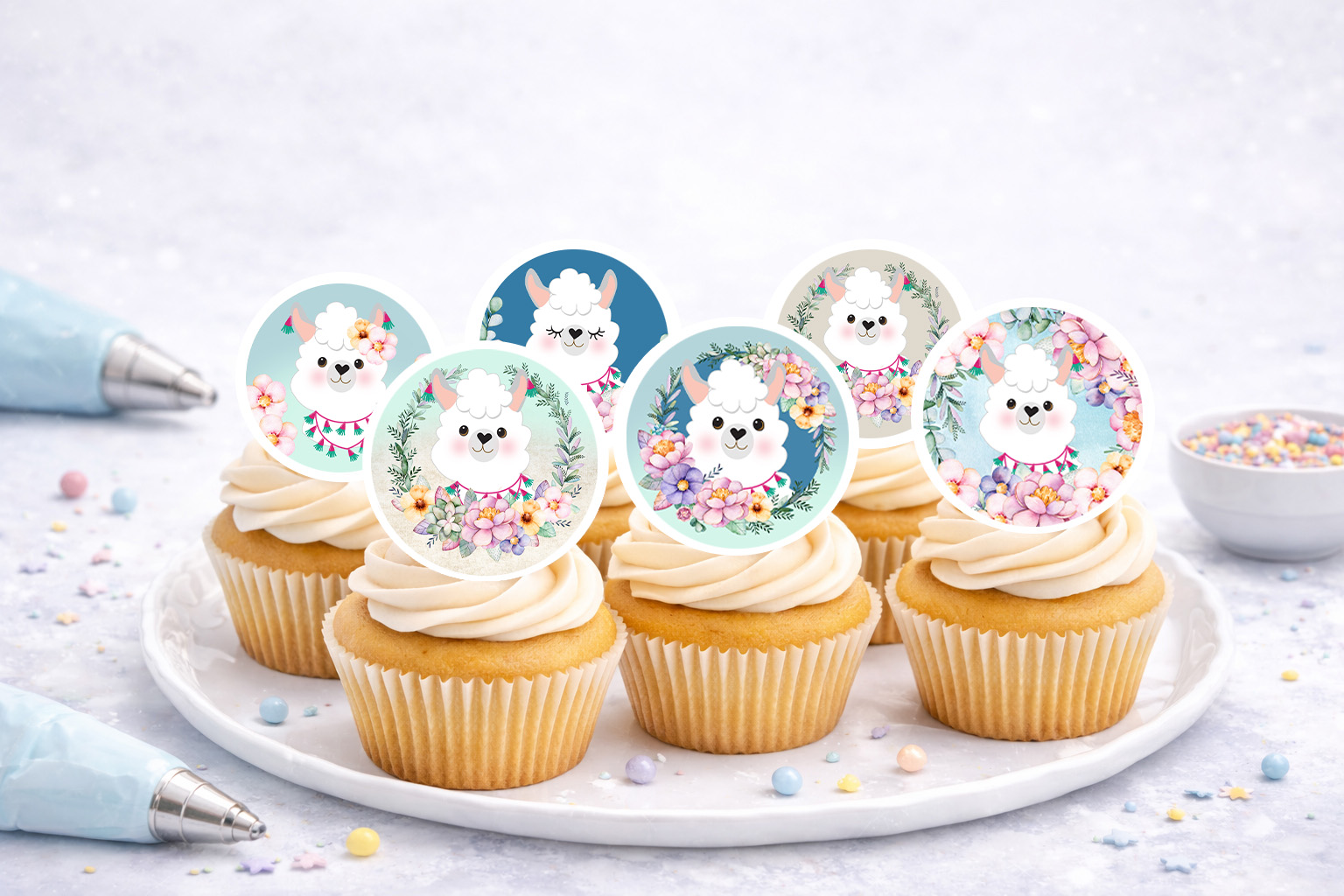 Essbare Muffinaufleger Alpaka und Lama aus Oblate Deluxe, 12 Motive auf A4 zum Ausschneiden für Cupcakes und Muffins