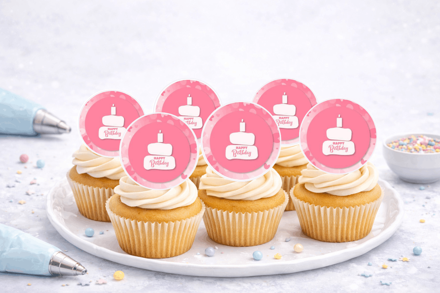 Muffinaufleger Geburtstag (J705) – 20 essbare Cupcake-Aufleger auf A4, Ø 4 cm, Oblate Deluxe