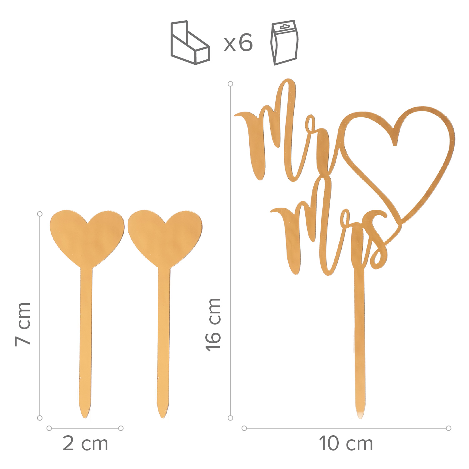 Mr & Mrs Caketopper Set 6-teilig – Goldene Tortenstecker mit Herzen für Hochzeit, Verlobung & Candy Bar