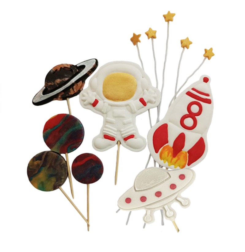 Weltraum Tortendekorationsset aus Zuckermasse – Astronaut, Rakete & Planeten, essbar