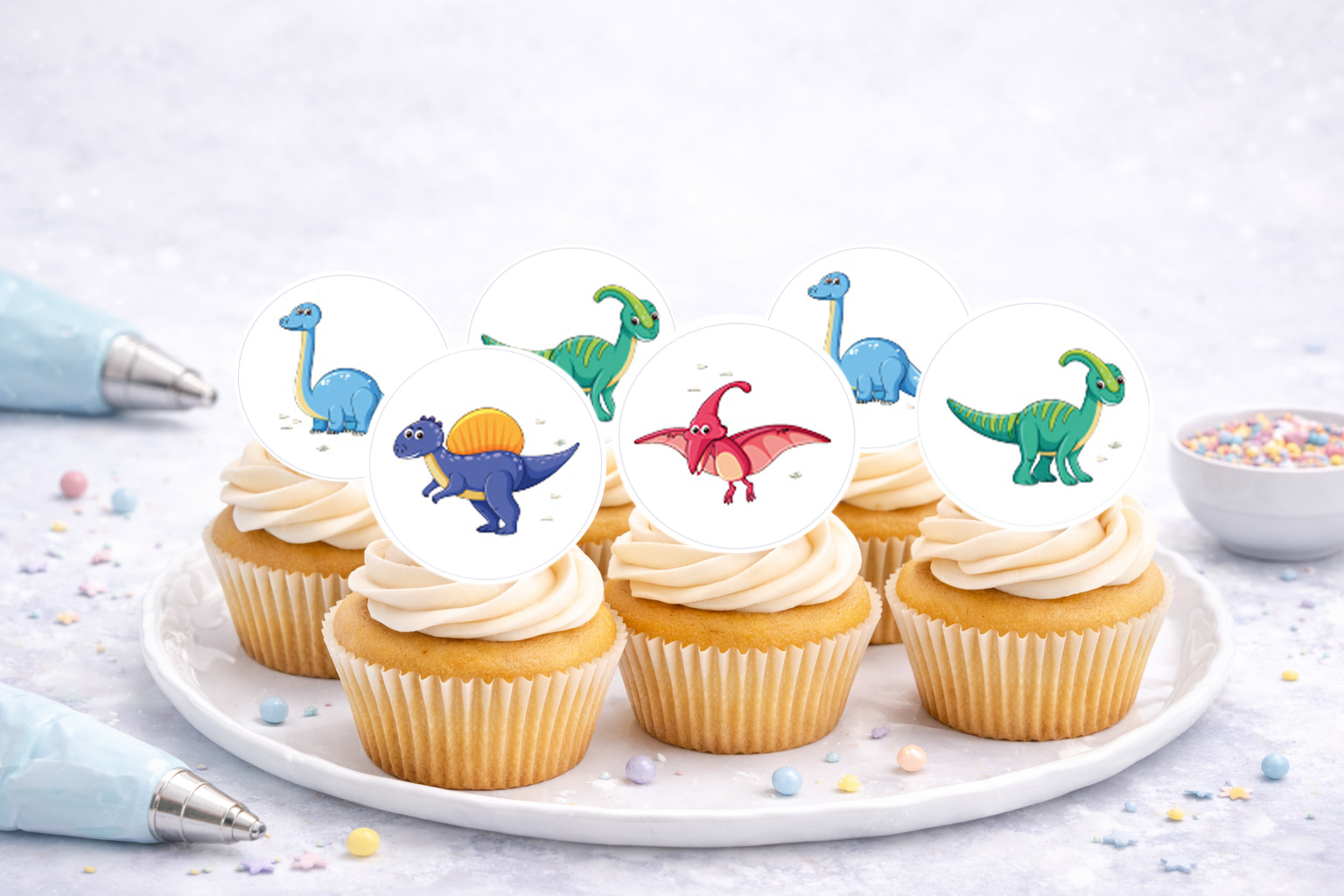 Essbare Muffinaufleger Dinos auf Oblate Deluxe, rund Ø 4,5 cm
