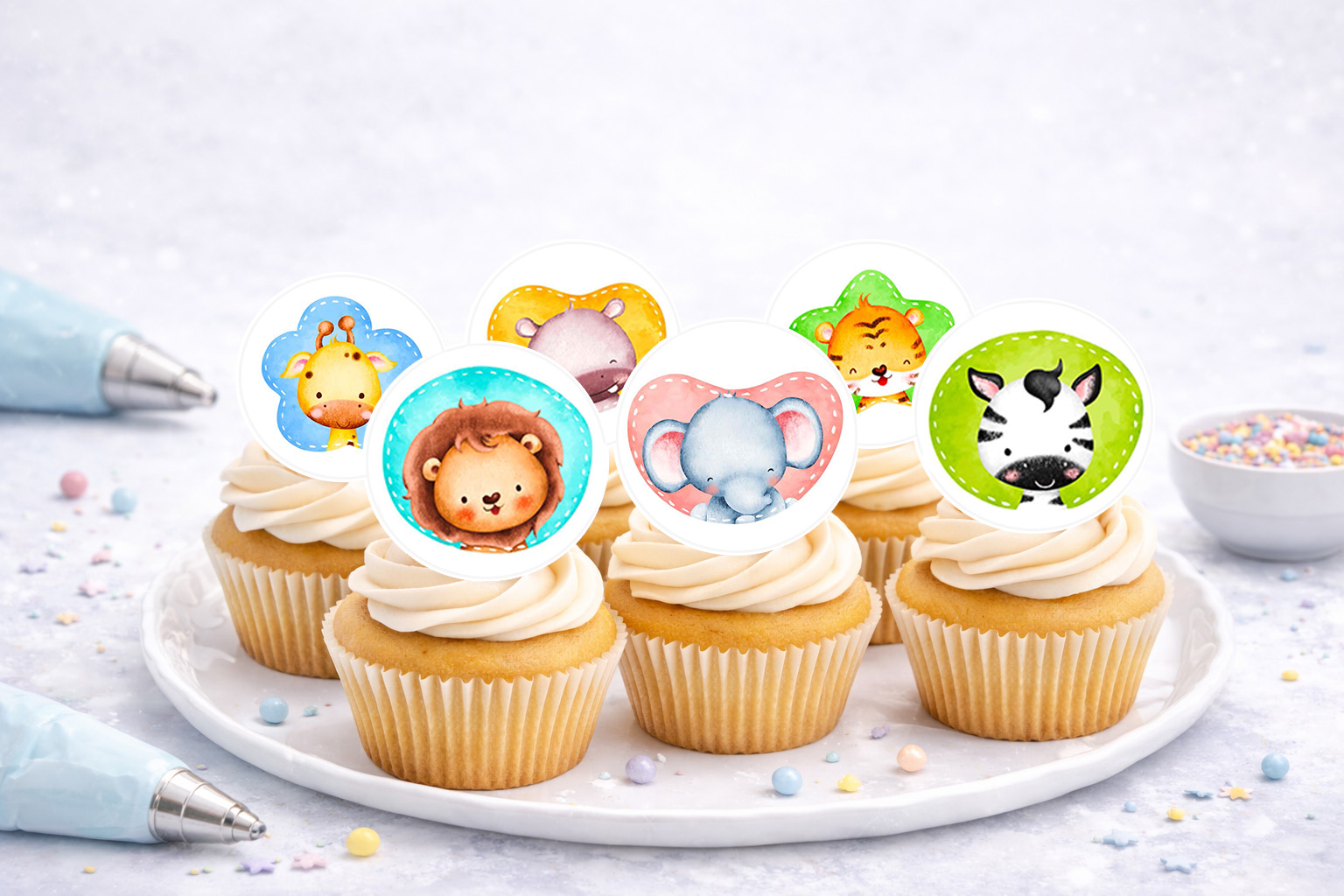 Essbare Muffinaufleger Tiere bunt aus Oblate, A4-Bogen mit 16 Auflegern, zum Selbstausschneiden, N241