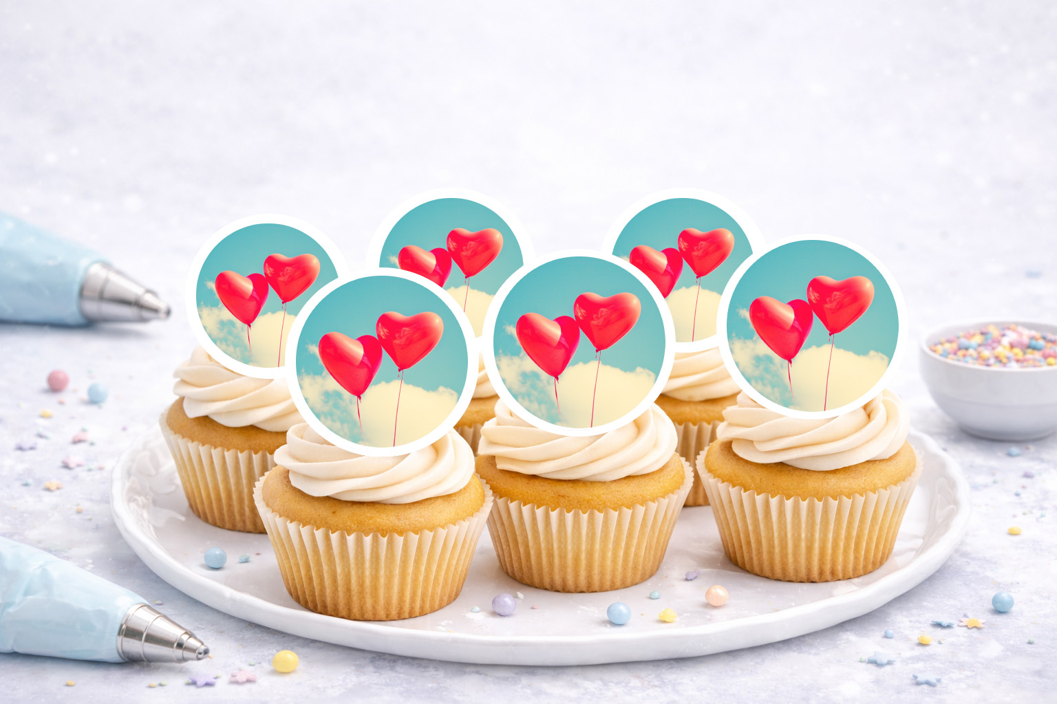 Essbare Muffinaufleger Love im Hochzeitsdesign aus Oblate – A4-Bogen zum Ausschneiden (R498)