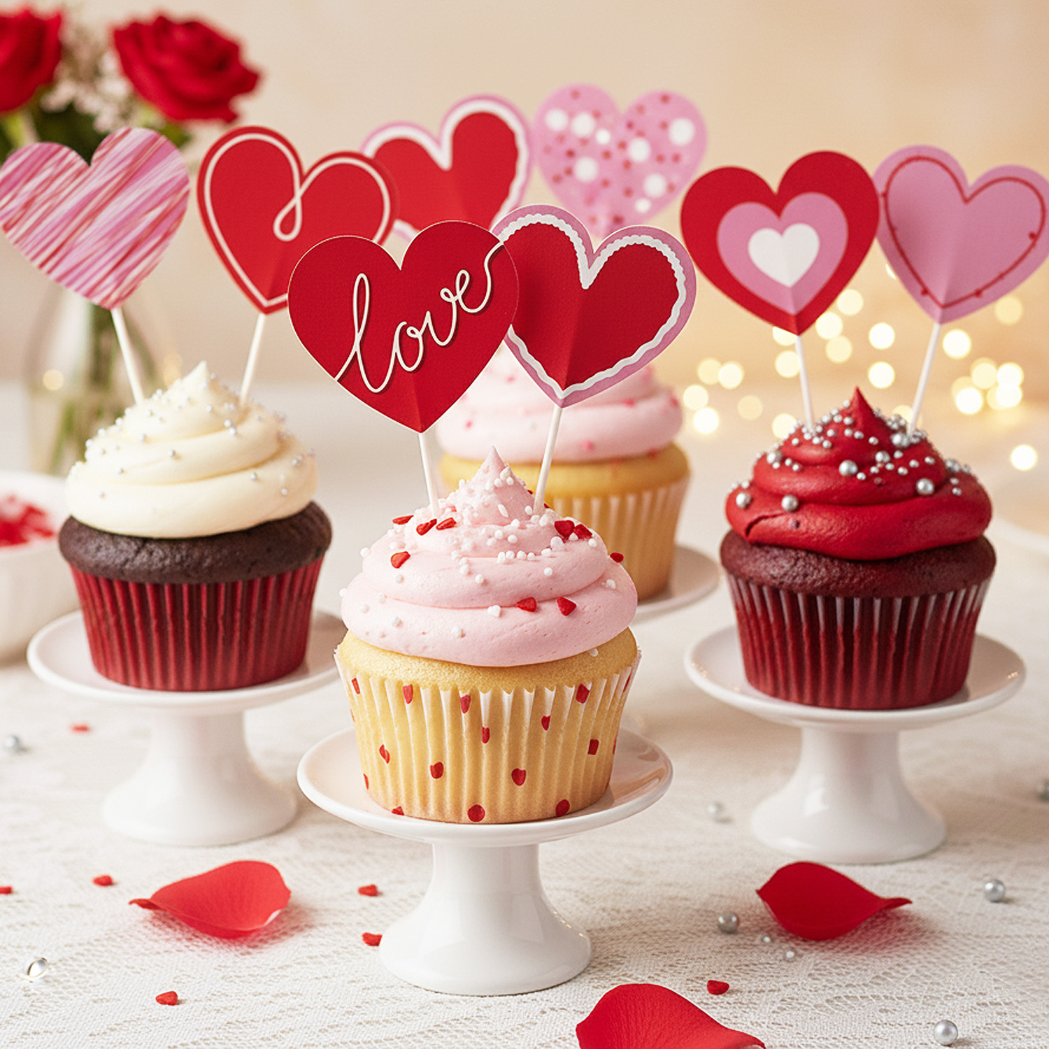 Herz Caketopper 8 Stück – Papier Tortenstecker mit 4 Motiven für Geburtstag, Hochzeit & Valentinstag