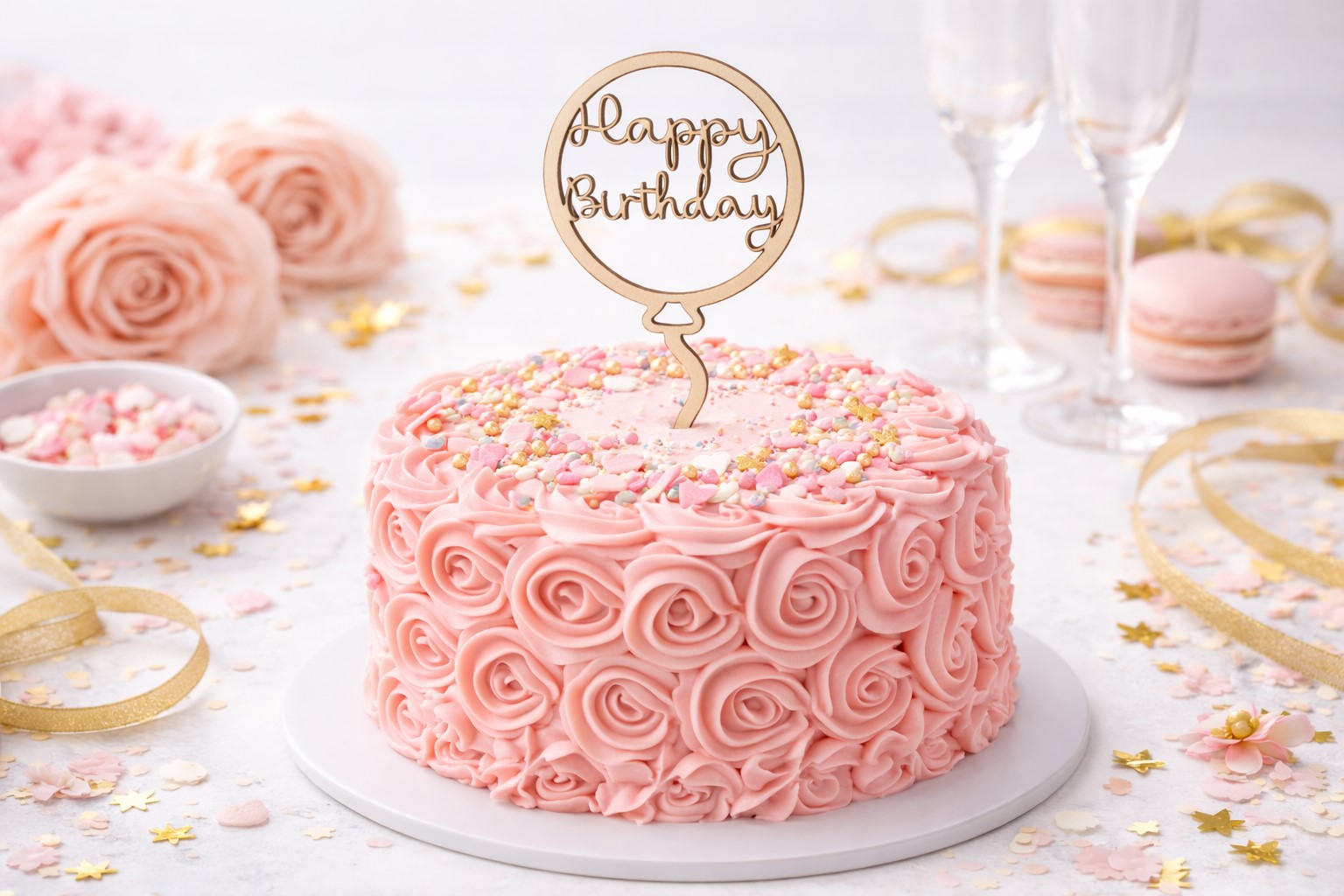 Holz Cake Topper im Luftballon-Design mit Schriftzug „Happy Birthday“ als Tortendeko auf weißer Geburtstagstorte