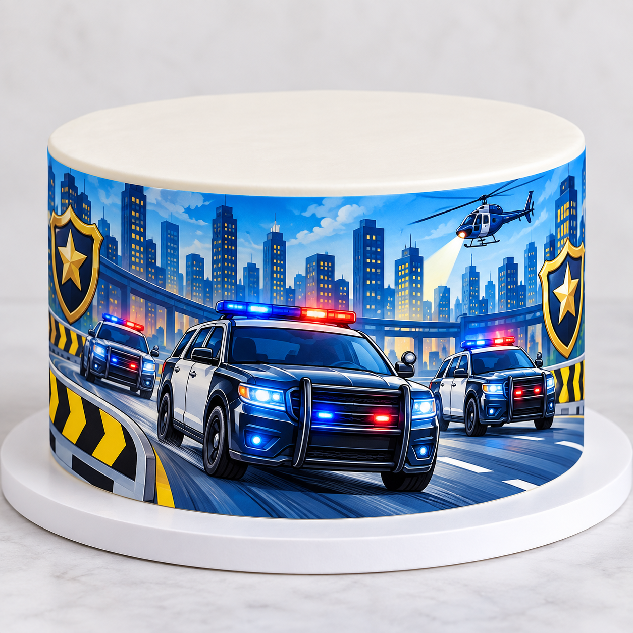 Deko Fondant Tortenband mit Polizeiautos, Hubschrauber und Stadtkulisse